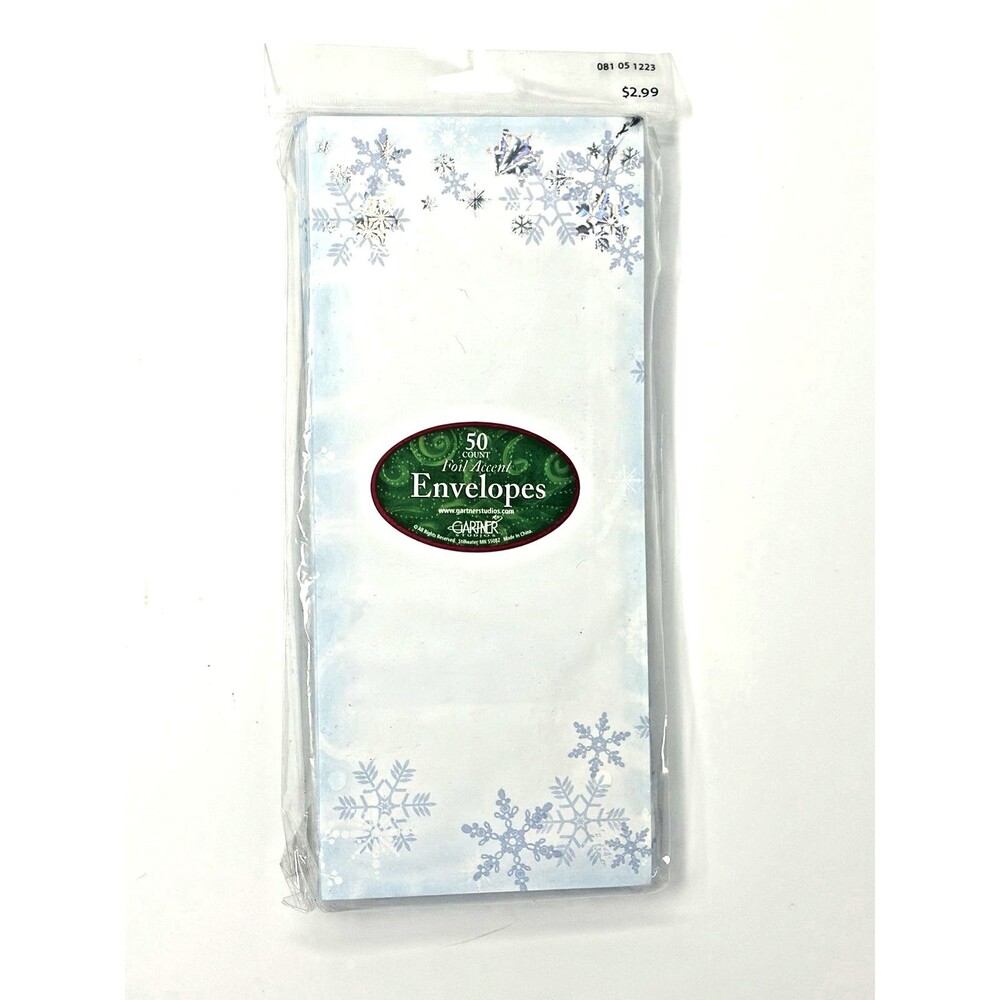 Gartner Studios Snowflake Silver Foil Accent 50 #10 Envelopes White Blue NOS